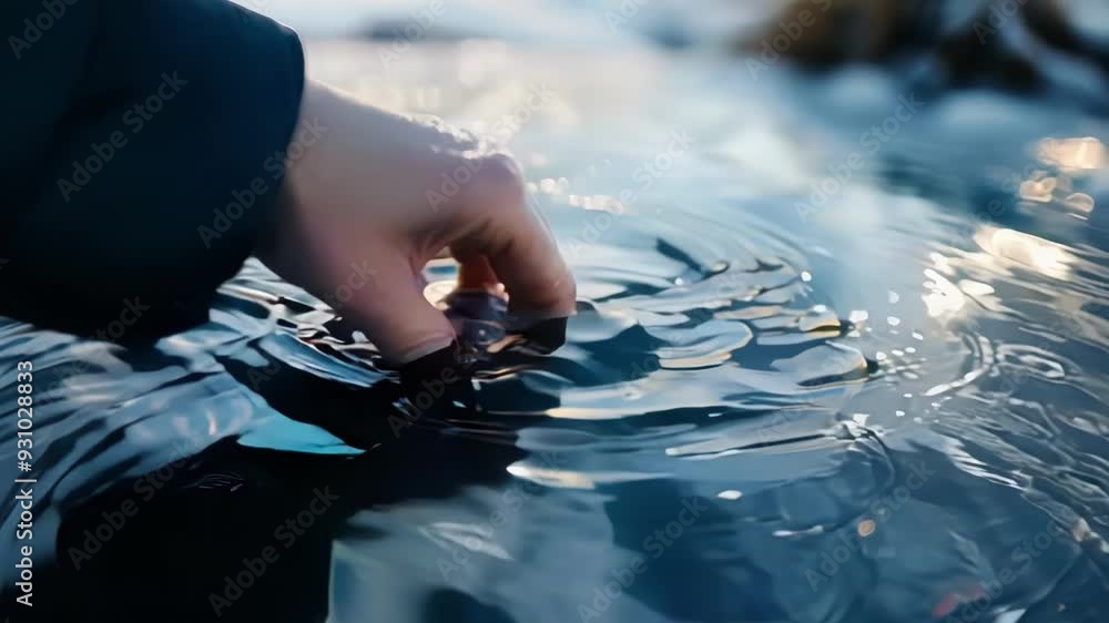 Poster hand gently touching a thin layer of ice formed on the surface of water, creating delicate ripples t