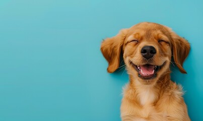 Obraz premium Happy dog puppy winking an eye and smiling on colored blue backgorund with closed eyes. 