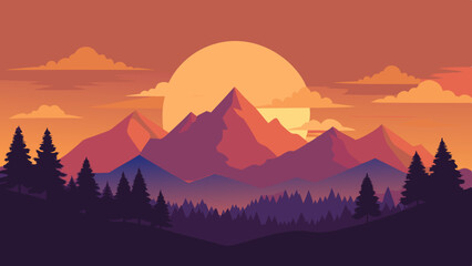 A tranquil summer sunset over a mountain silhouette	vector art illustration