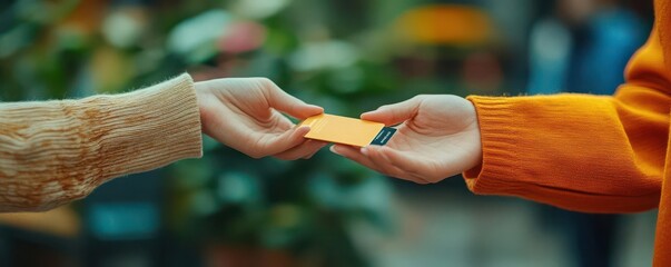 A closeup of hands exchanging a digital business card, showcasing the ease of interaction in the modern business world