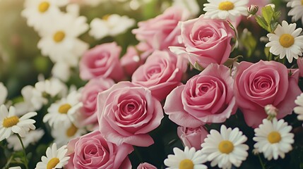 A close-up shot of a bouquet of pink roses and white daisies. The roses are in focus, and the daisies are out of focus. The flowers are arranged in a beautiful and romantic way.
