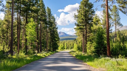 Obraz premium Serene road winding through tall trees leading towards majestic mountains under a clear blue sky.