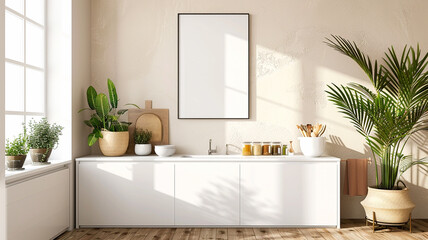 Bright and inviting kitchen space with plants and a blank wall in a sunny room