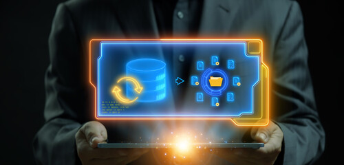 Database icon from artificial intellegence and future technology collection. Database sign and symbol for web animation. Businessman showing glowing neon line of database and documents icon on virtual