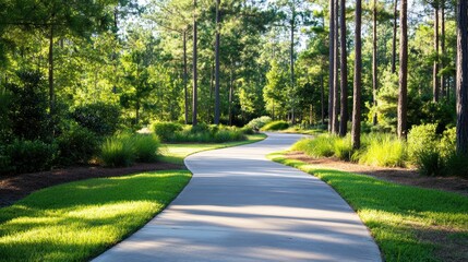 Fototapeta premium Winding pathway through lush greenery. Perfect for showcasing nature, tranquility, and outdoor recreation.