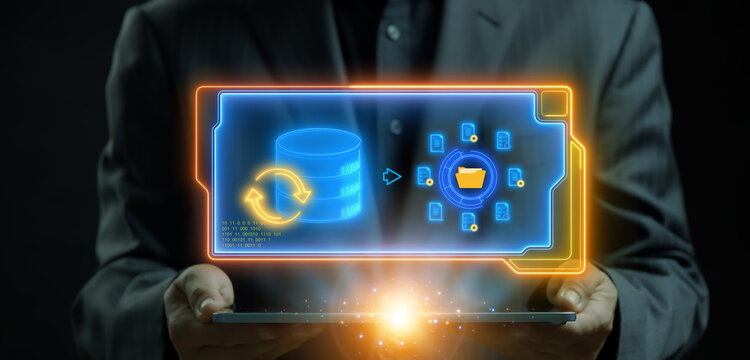 Database icon from artificial intellegence and future technology collection. Database sign and symbol for web animation. Businessman showing glowing neon line of database and documents icon on virtual