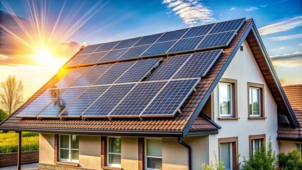 Fototapeta premium Solar panels on the roof of a modern residential home, sustainable, energy, renewable, technology, electricity, green