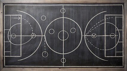 Basketball tactics illustrated on black chalkboard background , strategy, game plan, coaching, whiteboard, sports, plan