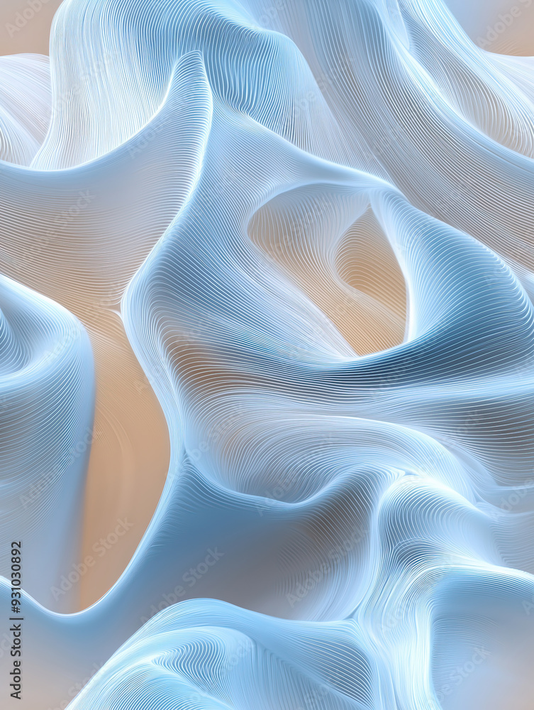 Poster abstract flowing wave pattern with soft blue and beige tones creating a dynamic and fluid design