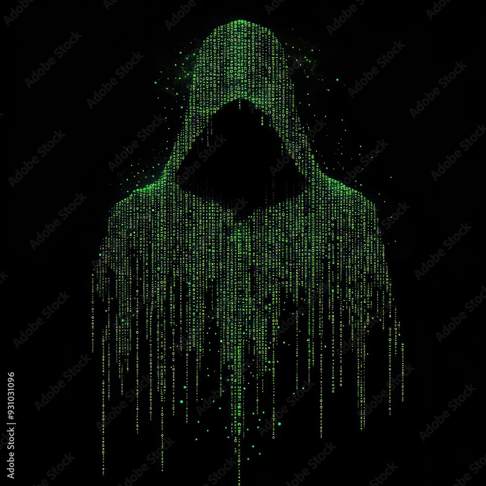 Poster shadowy figure in a hooded jacket standing against a backdrop of digital data code