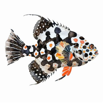 recommend clip art: Watercolor painting of an exotic clown triggerfish, with its bold black and white patterns and bright orange spots, on isolated white background