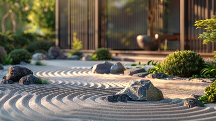A serene zen garden with raked sand patterns, rocks, and lush greenery in the foreground, with a modern building and trees in the background.