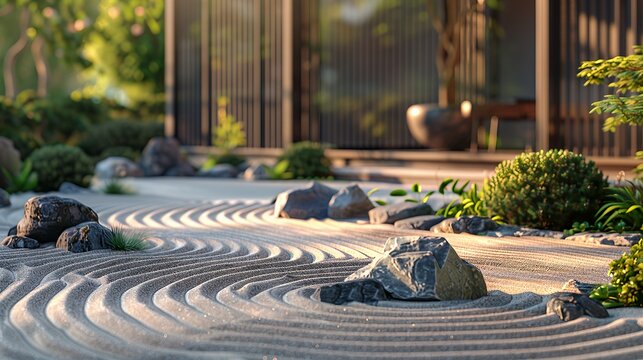 A serene zen garden with raked sand patterns, rocks, and lush greenery in the foreground, with a modern building and trees in the background.
