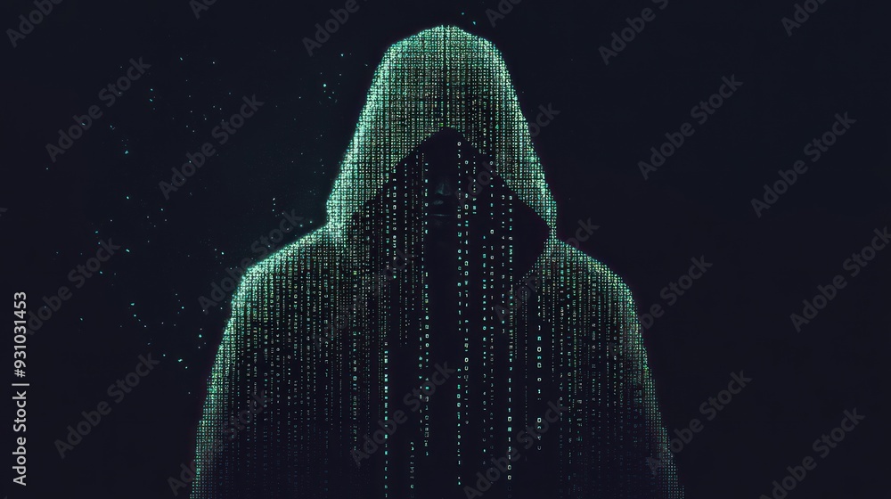 Poster shadowy figure in a hooded jacket standing against a backdrop of digital data code