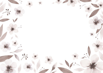 A beautiful floral background, a postcard with a place for text in beige pastel shades, a watercolor illustration. Flowers, leaves, botanical elements for a holiday, decoration, business cards. 