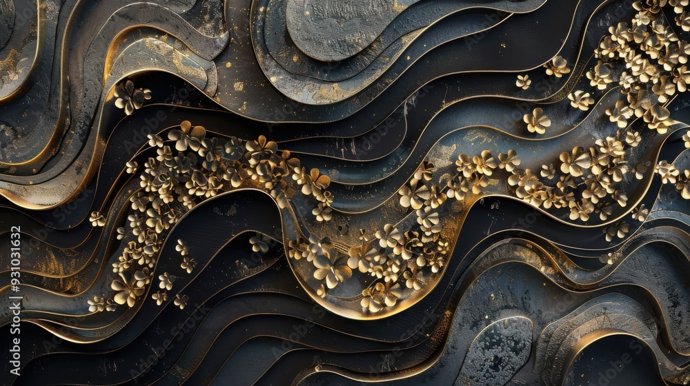 Poster abstract design featuring textured waves and golden accents, creating a luxurious and elegant visual