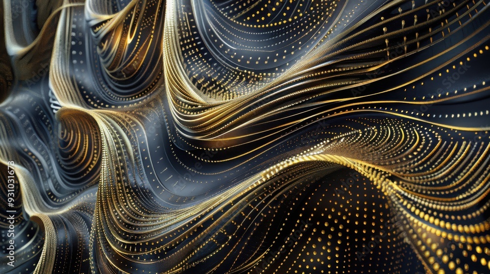 Poster abstract digital design featuring flowing lines and golden dots, creating a mesmerizing wave-like ef