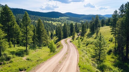 Obraz premium A scenic dirt road winds through lush greenery and tall trees, inviting exploration in a peaceful natural landscape.