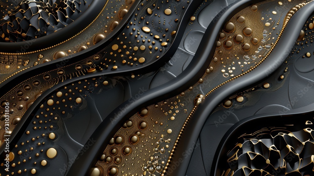 Poster abstract texture featuring black and gold waves with intricate patterns, ideal for backgrounds or ar