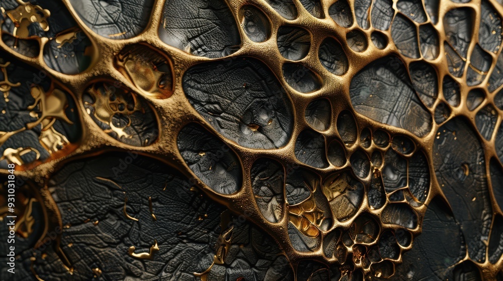 Poster abstract texture featuring intricate golden bubbles on a dark surface, creating a captivating visual