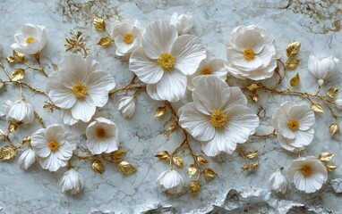 Obraz premium Close-up group white flowers marble surface are arranged white e