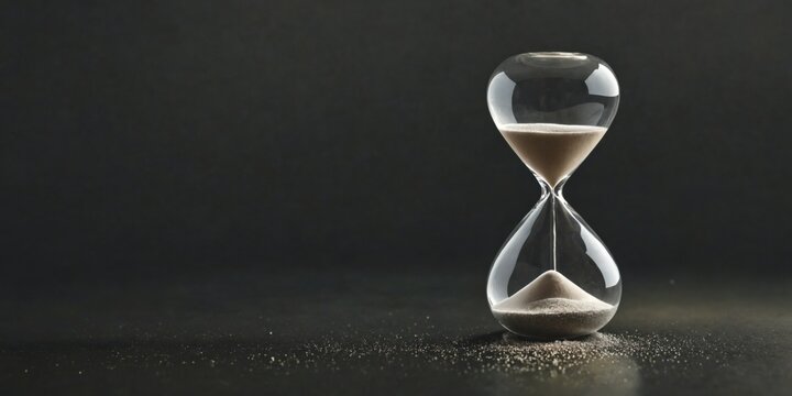 Close-up hourglass black surface made transparent glass has Hour