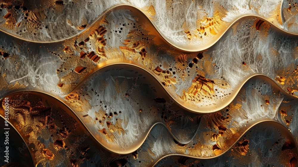 Poster an abstract design featuring flowing waves with swirling patterns in gold and gray, creating a dynam