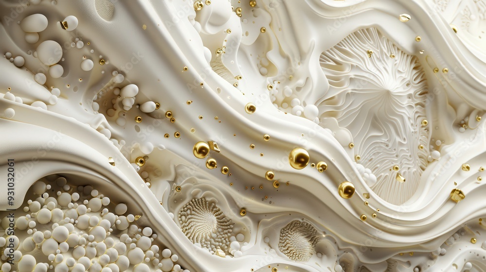 Poster an abstract design featuring flowing white textures and golden spheres, creating a sophisticated and