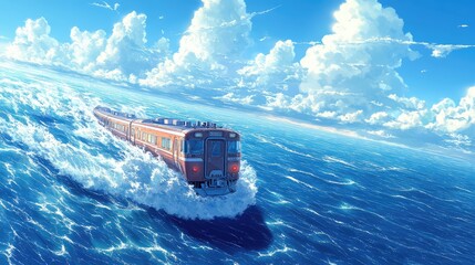 Anime-style scene of a retro train speeding across a vast blue ocean, with a clear sky above, creating a dreamy atmosphere.