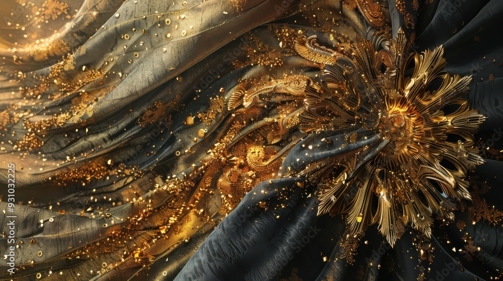Poster a captivating blend of golden hues and dark fabric textures, creating a luxurious and dynamic visual