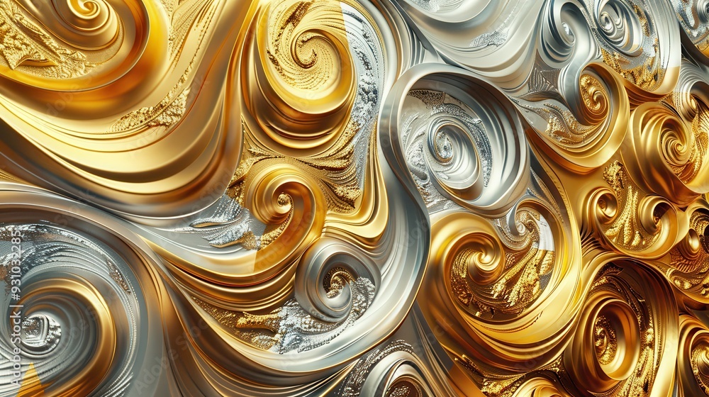Poster a captivating swirl of gold and silver patterns, creating an elegant and dynamic abstract design for