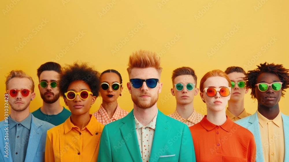 Poster professional studio portrait of a diverse and inclusive corporate media team working together in a c