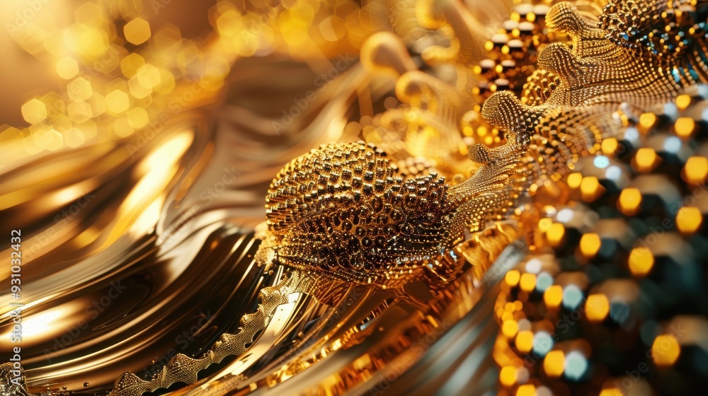 Poster a mesmerizing abstract design featuring flowing golden curves and intricate patterns, perfect for ba