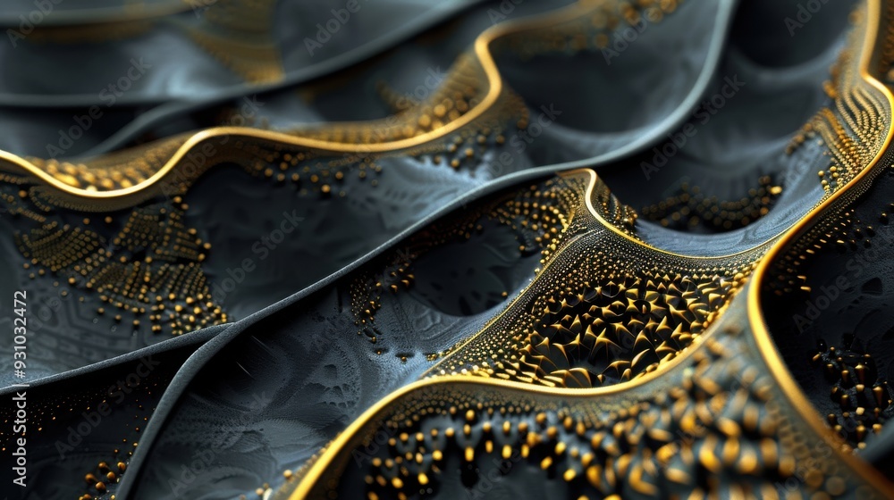 Poster a mesmerizing abstract design featuring flowing waves adorned with intricate patterns and golden acc