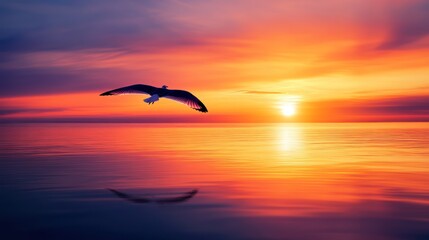 golden sunset, A seagull flies gracefully with its wings outstretched