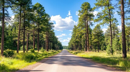 Obraz premium A scenic road surrounded by tall trees under a clear blue sky, perfect for outdoor adventures or nature-themed projects.