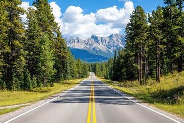 A scenic road through a lush forest, leading towards majestic mountains under a bright blue sky with fluffy clouds.