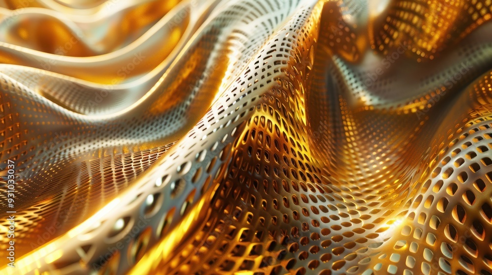 Aufkleber close-up view of golden mesh texture, showcasing intricate patterns and a flowing design, ideal for 