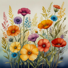 An illustration bursting with the charm of wildflowers. The scene features a vibrant and diverse array of wildflowers in full bloom, set against a soft, natural background.