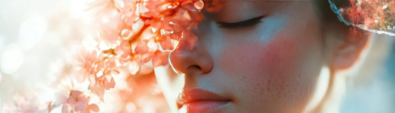 A serene close-up of a woman with delicate floral accents, capturing tranquility and beauty in a soft light.