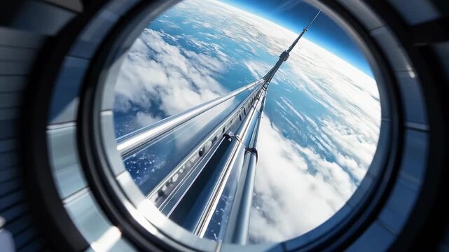 Space elevator cable rushes past circular porthole. Blurred motion creates sense of rapid vertical ascent through Earth's atmosphere. 