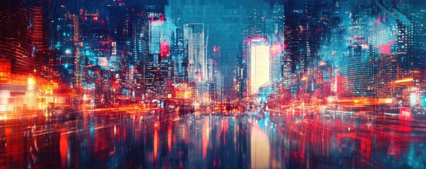 Vibrant urban landscape at night, showcasing bright lights, reflections, and a bustling city atmosphere with a futuristic twist.