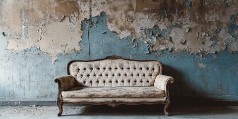 An old, tufted couch, worn and inviting, sits against a peeling blue wall, creating a feeling of nostalgia and rustic charm that lingers in this classic, abandoned setting filled with memories