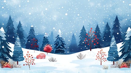 Watercolor painting of a snowy winter forest with pine trees, red berries, and snow falling.