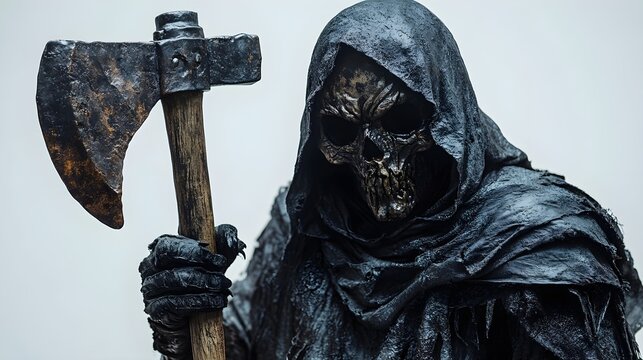 Dark skeletal executioner holding a rusty axe, creepy Halloween mask, hyper-realistic design, isolated on white background