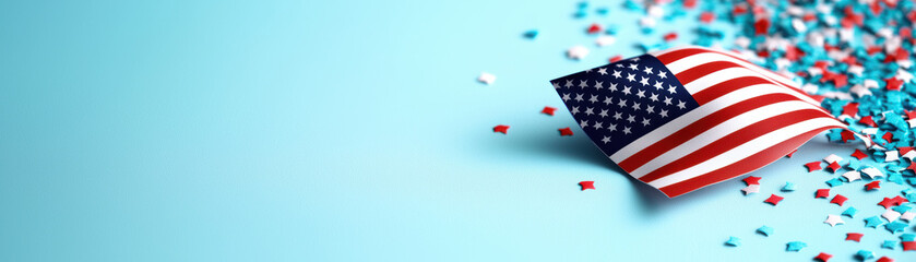 Obraz premium American flag with red, white, and blue confetti on a light blue background, perfect for patriotic celebrations and Fourth of July.