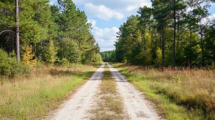 Obraz premium A serene dirt path stretches through a lush green forest under a bright blue sky, inviting exploration and adventure.