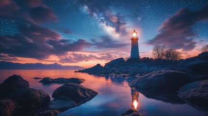 Lighthouse Illuminating Night Sky Over Rocky Shore. Lighthouse beams across a rocky shoreline at dusk, with a starry night sky and colorful clouds in the background.