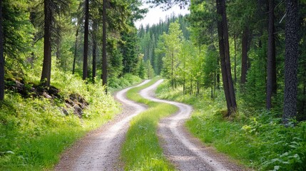 Fototapeta premium A serene dirt road winding through a lush green forest, inviting exploration and adventure in nature's beauty.
