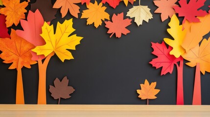 Vibrant autumn leaves paper cutout decor on a classroom wall, showcasing a festive and creative seasonal display..
